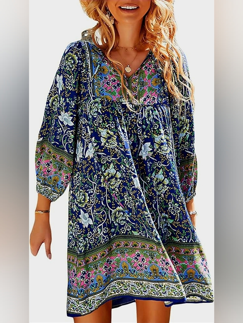 Temofon Navy, Pink & White Floral Bohemian Dress, Size Large
